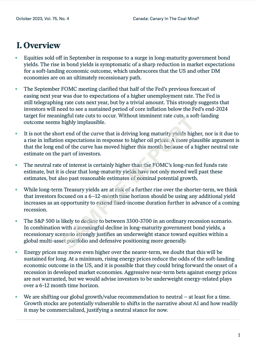 BCA report titled “Canada: Canary In The Coal Mine?” covering U.S. yields, inflation, recession risk, and equity positioning.