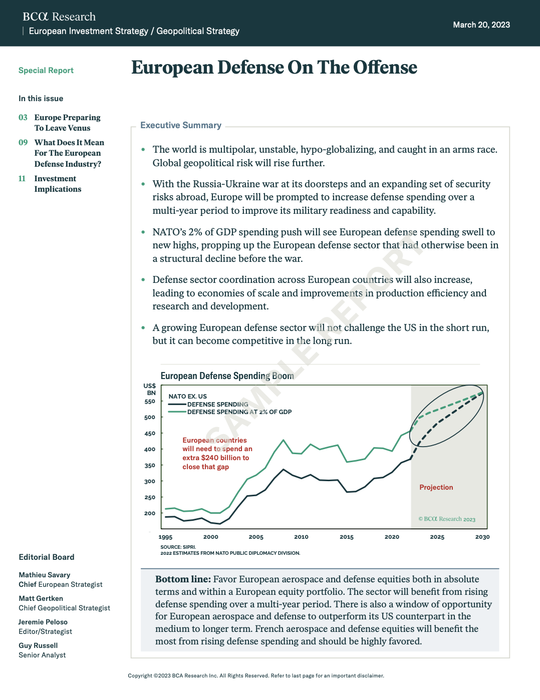 BCA report “European Defense On The Offense,” featuring a chart of EU defense budgets rising toward NATO’s 2% GDP goal.