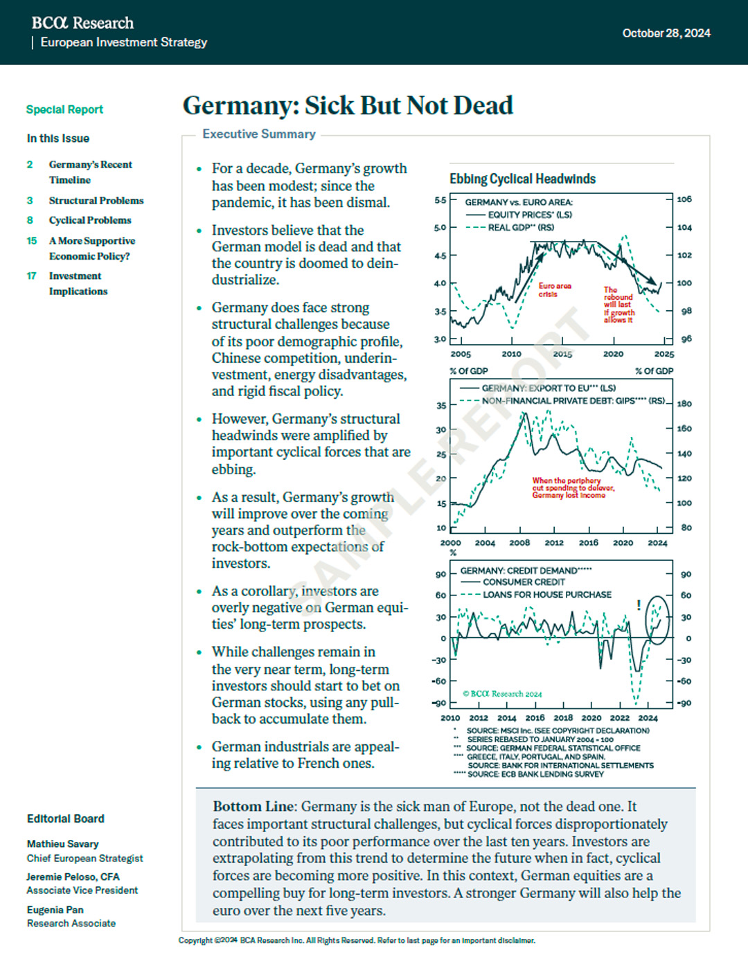 BCA report “Germany: Sick But Not Dead,” on structural challenges with charts on equities, exports, and credit demand.