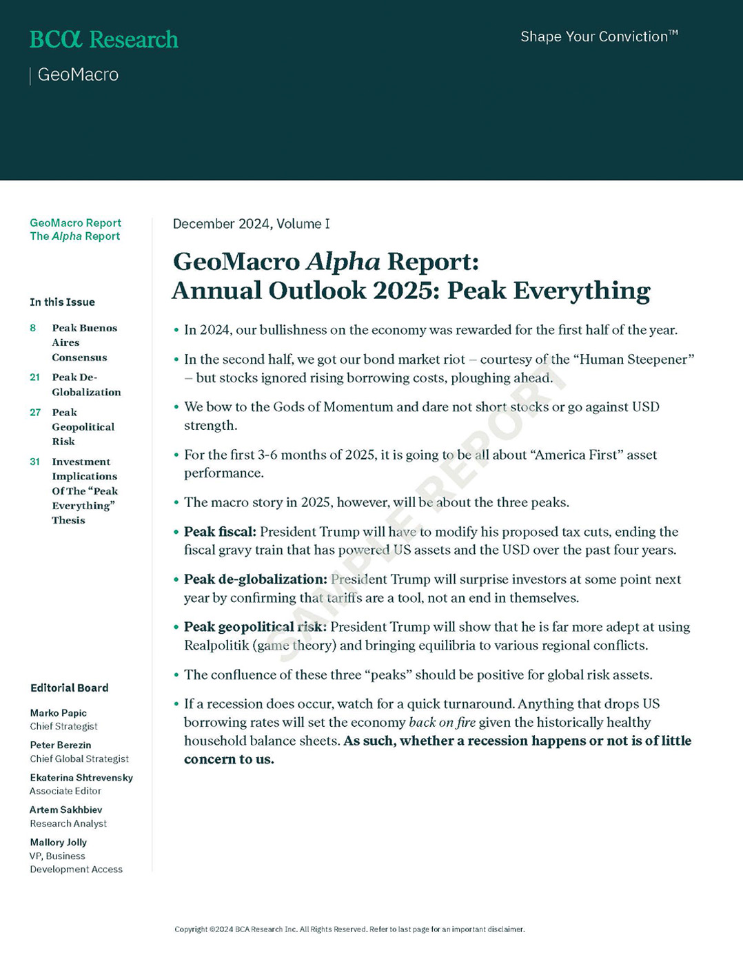 BCA report “Peak Everything,” with 2025 outlook and a chart showing global macro cycle peaks.