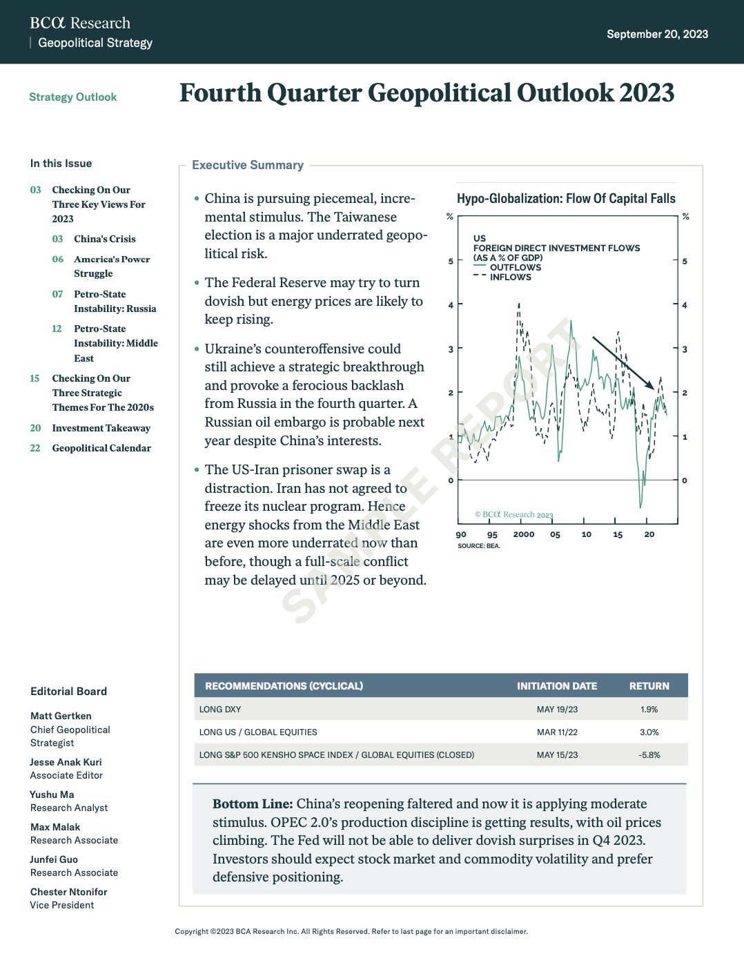 Sample Geopolitical Strategy outlook on global political risk scenarios, featuring a world risk map.