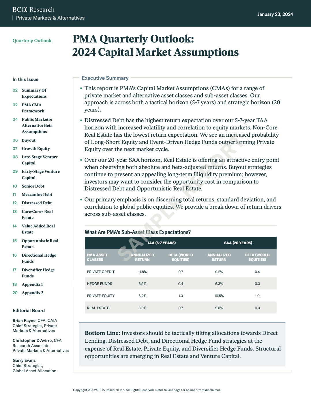 BCA PMA quarterly report on real estate and credit, featuring a chart on sector-level return dispersion.