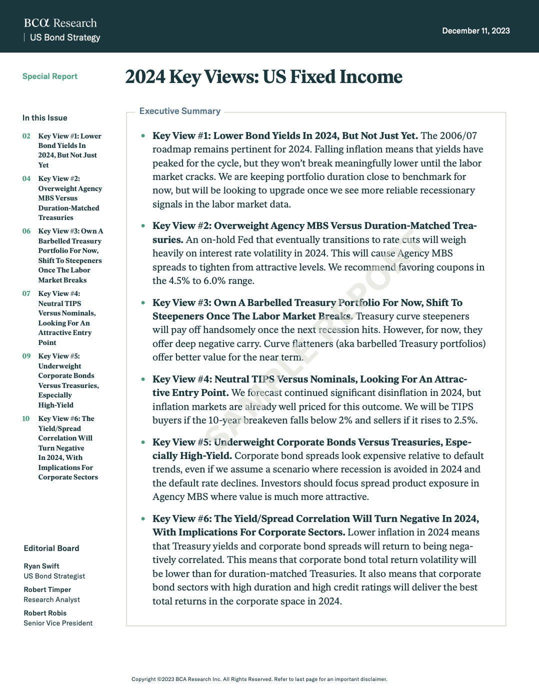 Sample US Bond Strategy report on rate cycle positioning, with a chart showing Treasury yield trends.