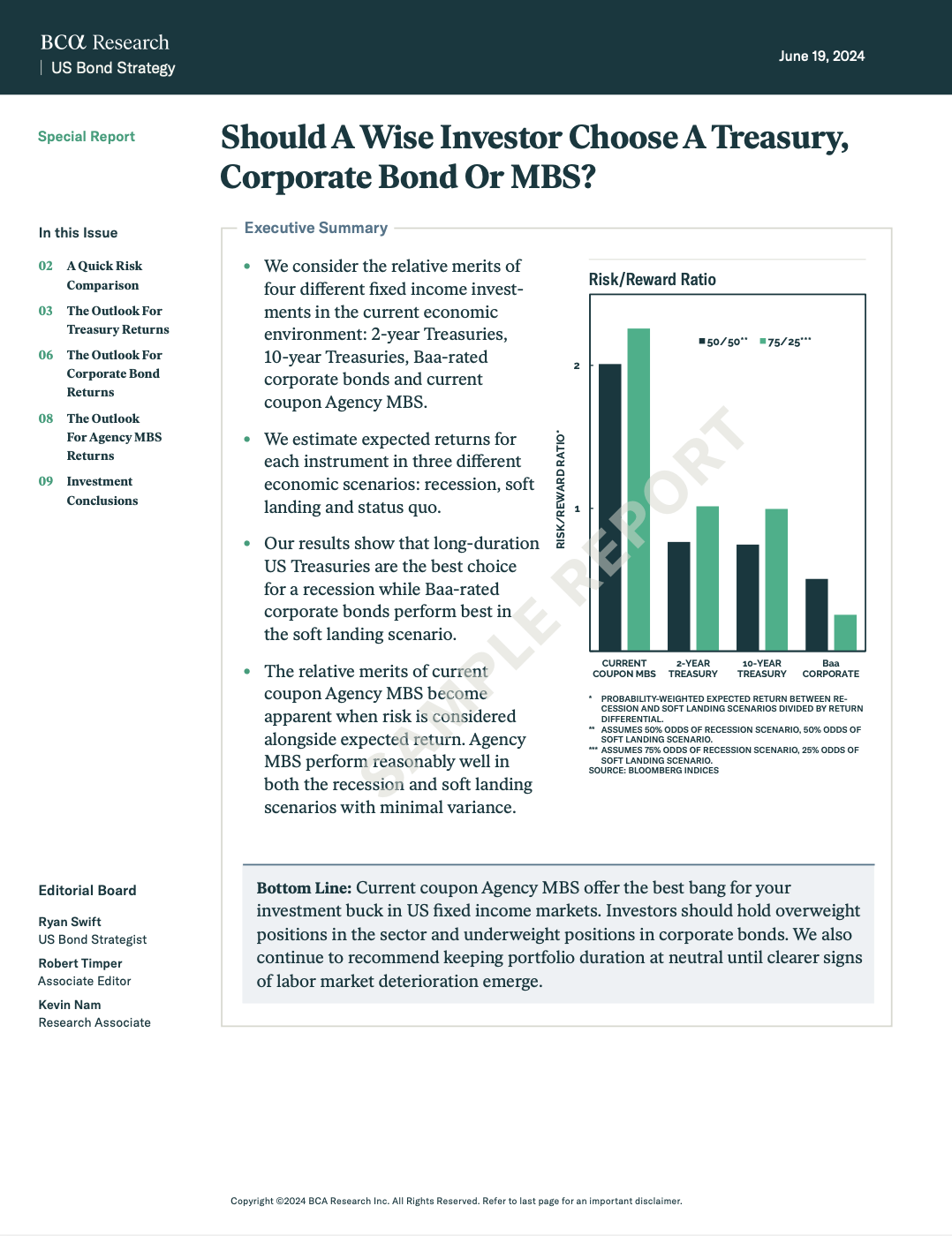 Sample US Bond Strategy report discussing Fed policy and inflation, featuring a chart on yield curve shifts.