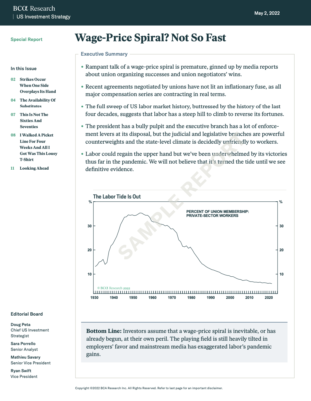 BCA report “Wage-Price Spiral? Not So Fast,” arguing concerns are overstated, with a chart on falling union membership.