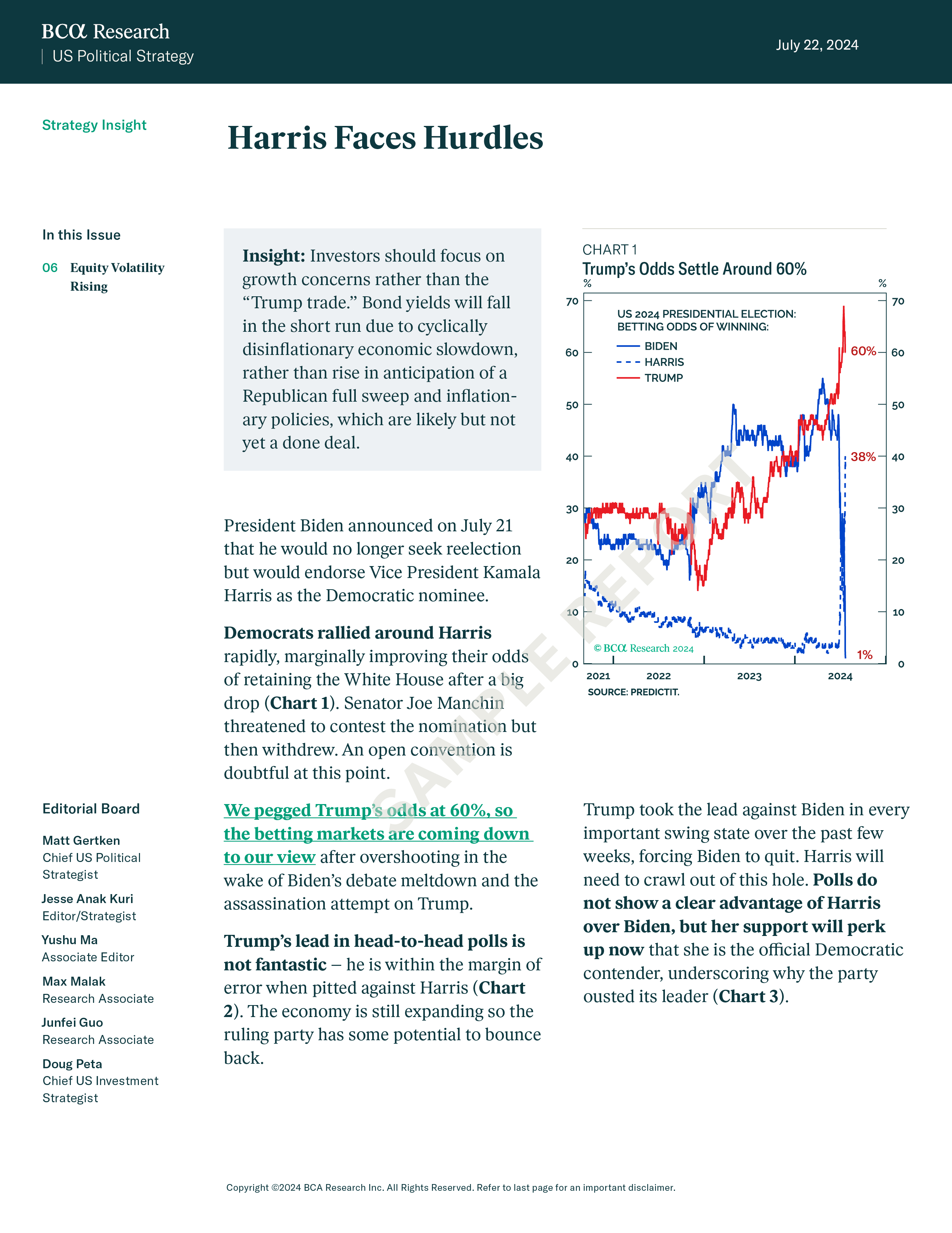 BCA report “Harris Faces Hurdles” with U.S. election analysis and a chart of betting trends for Biden, Harris, and Trump.