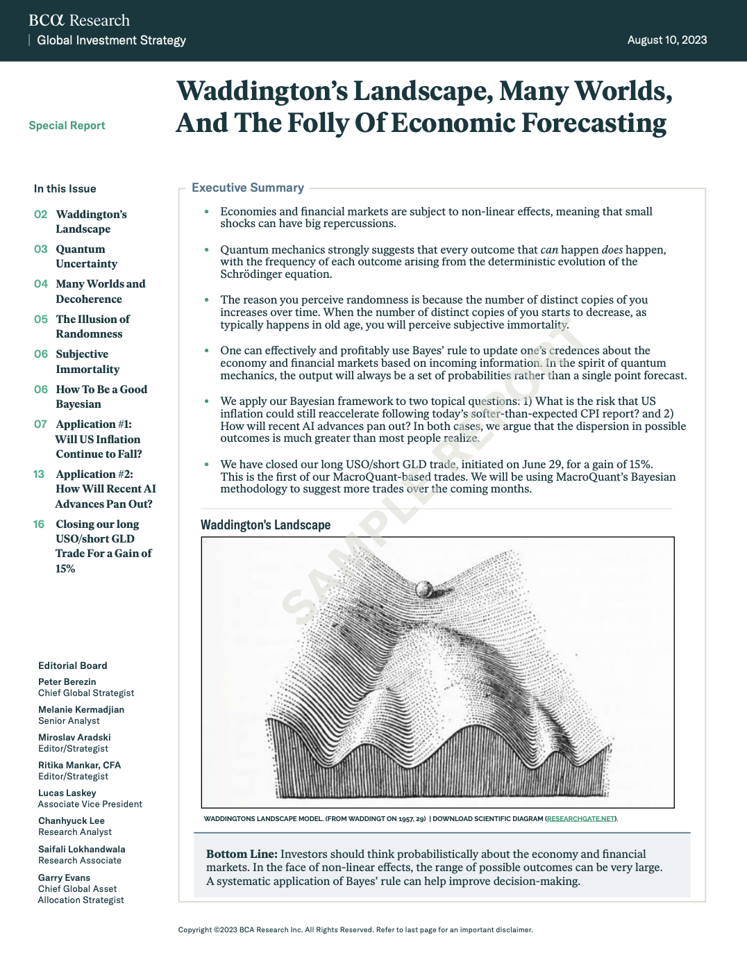 Cover of BCA’s Aug 2023 report featuring Bayesian models, quantum themes, and Waddington’s landscape diagram.