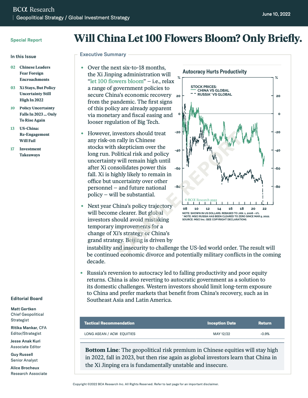 Joint BCA report on US-China tensions and related market risks from Geopolitical and Investment Strategy teams.